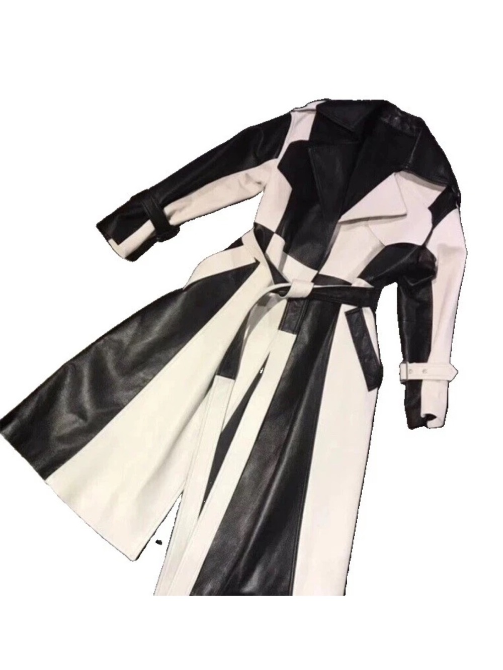 Y2K Black & White Color Blocked Long Trench Coat Faux Leather L Maxi Retro AKIRA